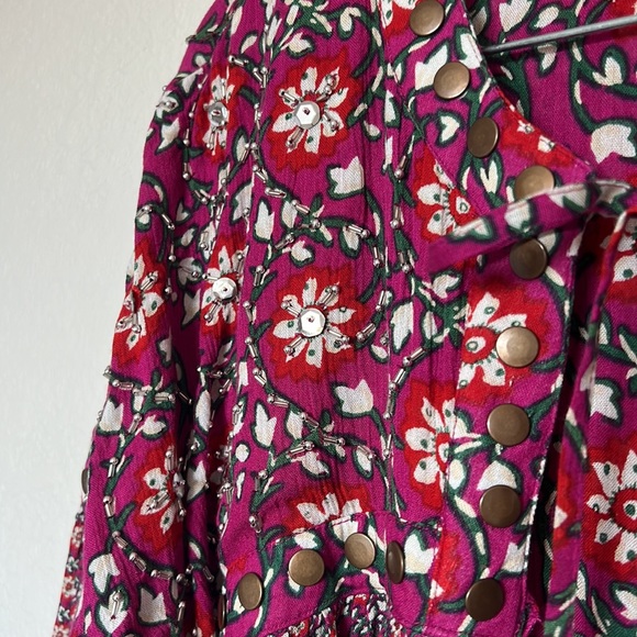Free People Malia Embellished Printed Baby Doll Jacket Top Dark Red Medium - Picture 9 of 15